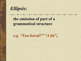 Ellipsis:
the omission of part of a
grammatical structure
e.g. “You bored?” “A bit”,

 