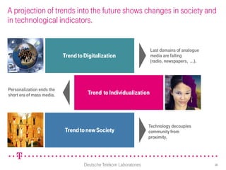 A projection of trends into the future shows changes in society and
in technological indicators.


                                                                    Last domains of analogue
                           Trend to Digitalization                  media are falling
                                                                    (radio, newspapers, …).




Personalization ends the
short era of mass media.             Trend to Individualization




                                                                    Technology decouples
                           Trend to new Society                     community from
                                                                    proximity.




                                    Deutsche Telekom Laboratories                              20
 