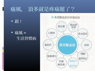痛風， 頂多就是疼痛罷了？
 錯！
 痛風 =
生活習慣病
18
 