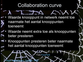 Collaboration curve Foto: FoxyPar4 Waarde knooppunt in netwerk neemt toe naarmate het aantal knooppunten toeneemt Waarde neemt extra toe als knooppunten beter presteren Knooppunten presteren beter naarmate het aantal knooppunten toeneemt Hagel ,  Seely  Brown, Davison, 2009 