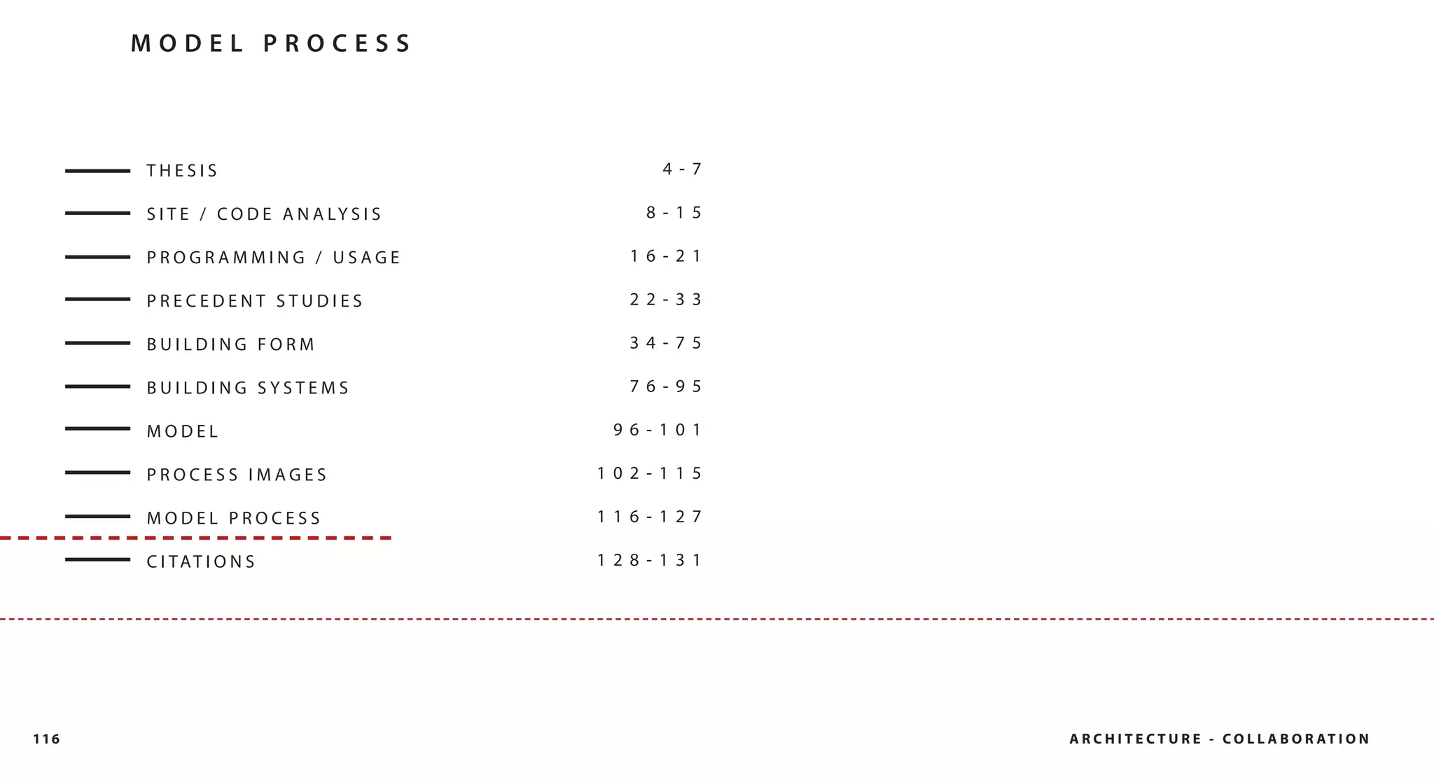MODEL PROCESS



      THESIS                                  4- 7

      S I T E / C O D E A N A LY S I S      8- 15

      PROGRAMMING / USAGE                  16- 21

      PRECEDENT STUDIES                    22- 33

      BUILDING FORM                        34- 75

      BUILDING SYSTEMS                     76- 95

      MODEL                               96- 101

      PROCESS IMAGES                     102- 115

      MODEL PROCESS                      116- 127

      C I TAT I O N S                    128- 131




116                                                  A R C H I T E C T U R E - C O L L A B O R AT I O N
 