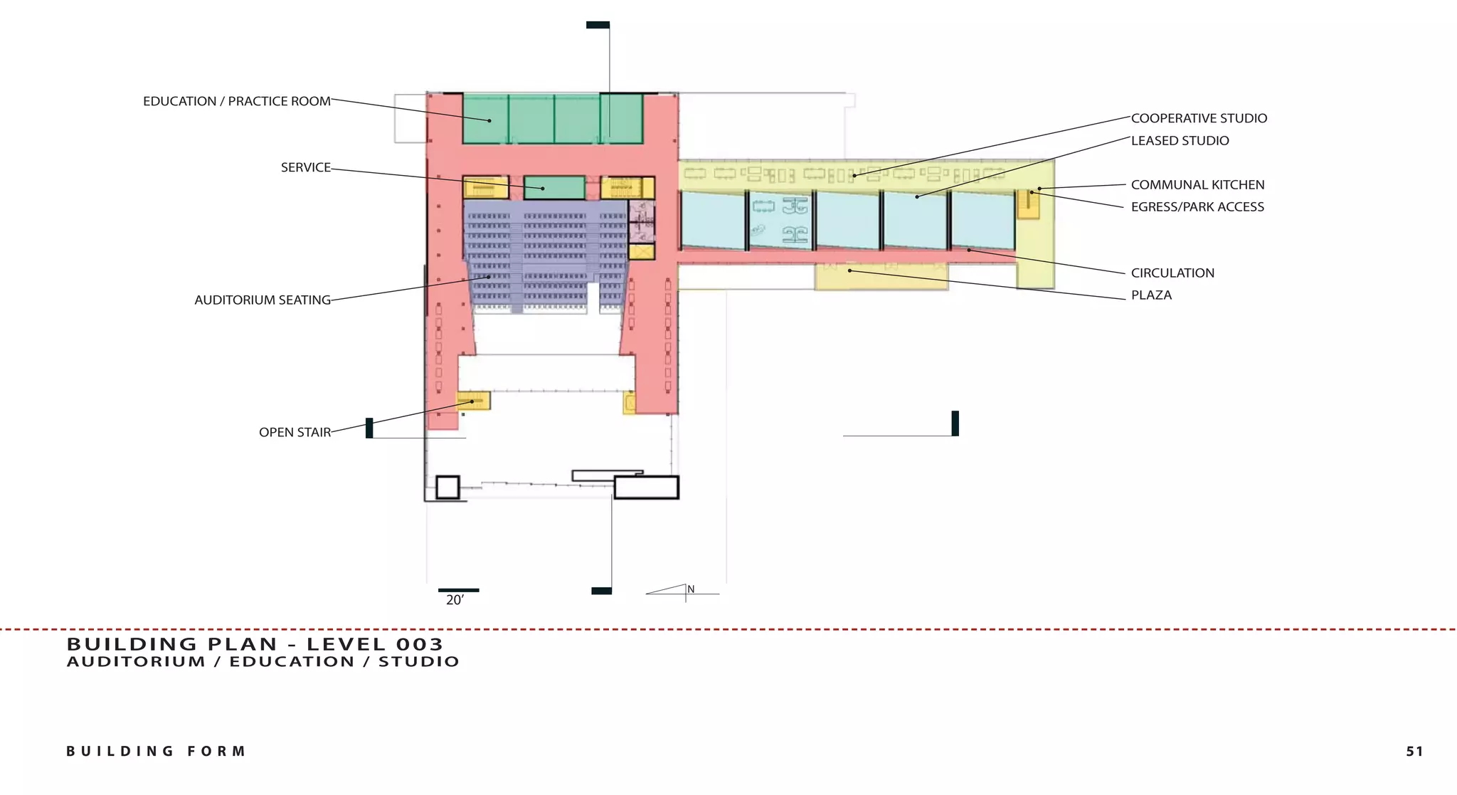 EDUCATION / PRACTICE ROOM
                                                           COOPERATIVE STUDIO
                                                           LEASED STUDIO

                            SERVICE
                                                           COMMUNAL KITCHEN
                                                           EGRESS/PARK ACCESS



                                                           CIRCULATION

                AUDITORIUM SEATING                         PLAZA




                         OPEN STAIR




                                                       N
                                                 20’


BUILDING PLAN - LEVEL 003
AU D I T O R I U M / E D U C AT I O N / S T U D I O




B U I L DI NG   FO RM                                                           51
 