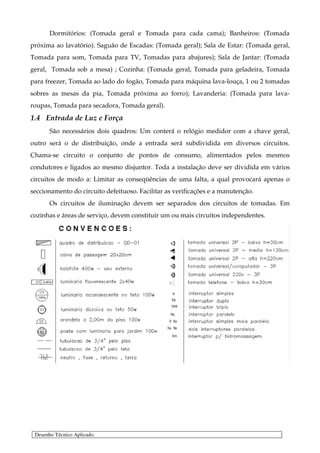 Dormitórios: (Tomada geral e Tomada para cada cama); Banheiros: (Tomada
próxima ao lavatório). Saguão de Escadas: (Tomada geral); Sala de Estar: (Tomada geral,
Tomada para som, Tomada para TV, Tomadas para abajures); Sala de Jantar: (Tomada
geral, Tomada sob a mesa) ; Cozinha: (Tomada geral, Tomada para geladeira, Tomada
para freezer, Tomada ao lado do fogão, Tomada para máquina lava-louça, 1 ou 2 tomadas
sobres as mesas da pia, Tomada próxima ao forro); Lavanderia: (Tomada para lava-
roupas, Tomada para secadora, Tomada geral).
1.4 Entrada de Luz e Força
       São necessários dois quadros: Um conterá o relógio medidor com a chave geral,
outro será o de distribuição, onde a entrada será subdividida em diversos circuitos.
Chama-se circuito o conjunto de pontos de consumo, alimentados pelos mesmos
condutores e ligados ao mesmo disjuntor. Toda a instalação deve ser dividida em vários
circuitos de modo a: Limitar as conseqüências de uma falta, a qual provocará apenas o
seccionamento do circuito defeituoso. Facilitar as verificações e a manutenção.
       Os circuitos de iluminação devem ser separados dos circuitos de tomadas. Em
cozinhas e áreas de serviço, devem constituir um ou mais circuitos independentes.




 Desenho Técnico Aplicado.
 