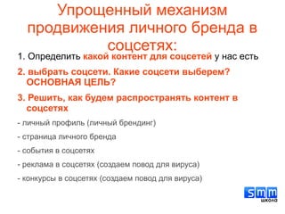 Упрощенный механизм
продвижения личного бренда в
соцсетях:
1. Определить какой контент для соцсетей у нас есть
2. выбрать соцсети. Какие соцсети выберем?
ОСНОВНАЯ ЦЕЛЬ?
3. Решить, как будем распространять контент в
соцсетях
- личный профиль (личный брендинг)
- страница личного бренда
- события в соцсетях
- реклама в соцсетях (создаем повод для вируса)
- конкурсы в соцсетях (создаем повод для вируса)
 