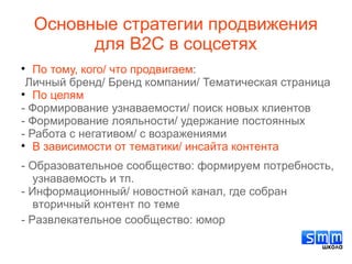 Основные стратегии продвижения
для В2С в соцсетях

По тому, кого/ что продвигаем:
Личный бренд/ Бренд компании/ Тематическая страница

По целям
- Формирование узнаваемости/ поиск новых клиентов
- Формирование лояльности/ удержание постоянных
- Работа с негативом/ с возражениями

В зависимости от тематики/ инсайта контента
- Образовательное сообщество: формируем потребность,
узнаваемость и тп.
- Информационный/ новостной канал, где собран
вторичный контент по теме
- Развлекательное сообщество: юмор
 