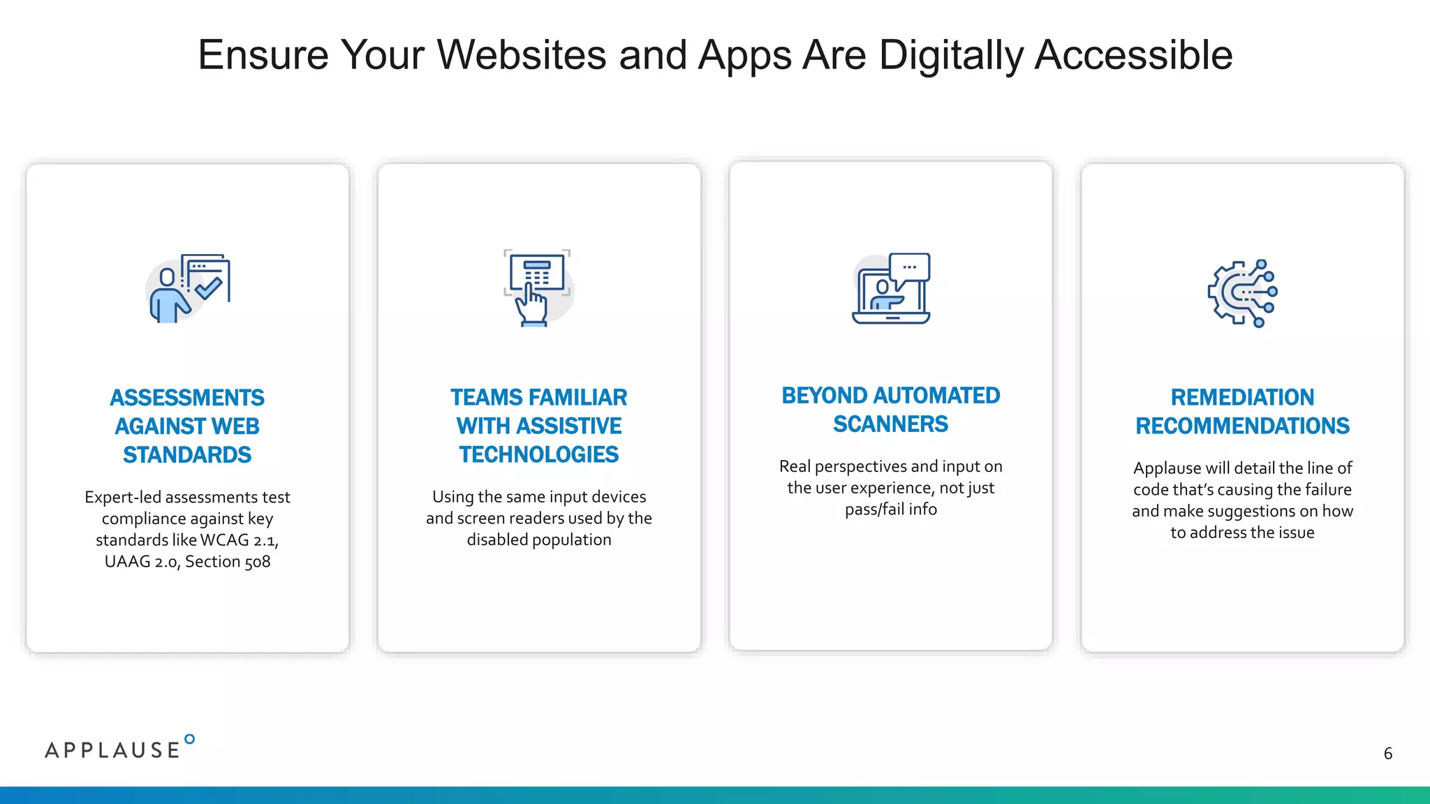 TEAMS FAMILIAR
WITH ASSISTIVE
TECHNOLOGIES
Using the same input devices
and screen readers used by the
disabled population
Ensure Your Websites and Apps Are Digitally Accessible
6
ASSESSMENTS
AGAINST WEB
STANDARDS
Expert-led assessments test
compliance against key
standards likeWCAG 2.1,
UAAG 2.0, Section 508
BEYOND AUTOMATED
SCANNERS
Real perspectives and input on
the user experience, not just
pass/fail info
REMEDIATION
RECOMMENDATIONS
Applause will detail the line of
code that’s causing the failure
and make suggestions on how
to address the issue
 