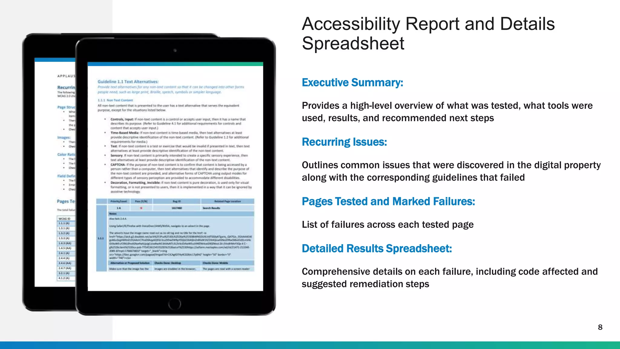 Executive Summary:
Provides a high-level overview of what was tested, what tools were
used, results, and recommended next steps
Recurring Issues:
Outlines common issues that were discovered in the digital property
along with the corresponding guidelines that failed
Pages Tested and Marked Failures:
List of failures across each tested page
Detailed Results Spreadsheet:
Comprehensive details on each failure, including code affected and
suggested remediation steps
Accessibility Report and Details
Spreadsheet
8
 