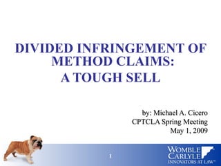 11
DIVIDED INFRINGEMENT OF
METHOD CLAIMS:
A TOUGH SELL
by: Michael A. Ciceroby: Michael A. Cicero
CPTCLA Spring MeetingCPTCLA Spring Meeting
May 1, 2009May 1, 2009
 