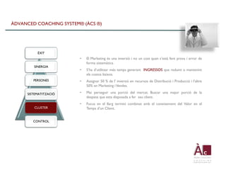 ÀDVANCED COACHING SYSTEM® (ÀCS ®)




          ÈXIT
                         •   El Marketing és una inversió i no un cost quan s’està fent prova i error de
                             forma sistemàtica.
        SINERGIA
                         •   S’ha d’utilitzar més temps generant INGRESSOS que reduint o mantenint
                             els costos baixos.
        PERSONES         •   Assignar 50 % de l' inversió en recursos de Distribució i Producció i l’altre
                             50% en Marketing i Vendes.

     SISTEMATITZACIÓ     •   Mai perseguir una porció del mercat. Buscar una major porció de la
                             despesa que esta disposada a fer seu client.
                         •   Focus en el llarg termini combinat amb el coneixement del Valor en el
        CLUSTER              Temps d’un Client.


        CONTROL
 