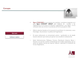Concepte




                          •   Àgora COACHING es una empresa de coaching i consultoria integrada en el
                              grup Àgora CONCEPT GROUP amb l’objectiu de                    recolzar a les
                              organitzacions en la presa de decisions organitzatives o de negoci, i en la
                              orientació dels seus serveis i/o productes, de forma que generin valor.

                          •   Oferim solucions basades en la innovació, la excel·lència i la coherència entre
                              l'estratègia, els processos i la política de l'organització.
           Qui som
                          •   El nostre enfocament, es eminentment pràctic, i aprofundim en els detalls
       Cultura i valors       buscant solucions que nomes pot aportar una consultoria multisectorial.

                          •   Salud, Administracions Públiques, Comerç, Distribució, Industria, Banca i
                              Finances, ens permet conèixer profundament els models organitzatius que es
                              donen en aquests mercats per aportar millores i optimitzar el rendiment de
                              la seva Organització.
 