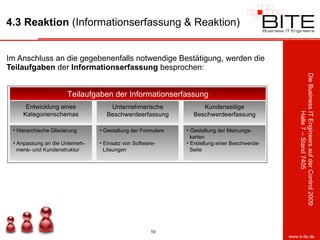 4.3 Reaktion  (Informationserfassung & Reaktion) Im Anschluss an die gegebenenfalls notwendige Bestätigung, werden die  Teilaufgaben  der  Informationserfassung  besprochen: Teilaufgaben der Informationserfassung Entwicklung eines Kategorienschemas Hierarchische Gliederung Anpassung an die Unterneh-   mens- und Kundenstruktur  Unternehmerische Beschwerdeerfassung Kundenseitige Beschwerdeerfassung Gestaltung der Formulare Einsatz von Software-   Lösungen Gestaltung der Meinungs-   karten Erstellung einer Beschwerde-   Seite 