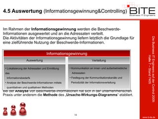 4.5 Auswertung  (Informationsgewinnung&Controlling) Im Rahmen der  Informationsgewinnung  werden die Beschwerde-Informationen ausgewertet und an die Adressaten verteilt. Die Aktivitäten der Informationsgewinnung liefern letztlich die Grundlage für eine zielführende Nutzung der Beschwerde-Informationen. Bei der  Analyse  von Beschwerde-Informationen hat sich in der unternehmerischen Praxis unter anderem die  Methode  des „ Ursache-Wirkungs-Diagramms “ etabliert. Informationsgewinnung Auswertung Lokalisierung der Adressaten und Ermittlung des    Informationsbedarfs Analyse der Beschwerde-Informationen mittels    quantitativen und qualitativen Methoden Verteilung Kommunikation an inner- und außerbetriebliche    Adressaten Festlegung der Kommunikationskanäle und    Periodizität der Informationsverteilung 