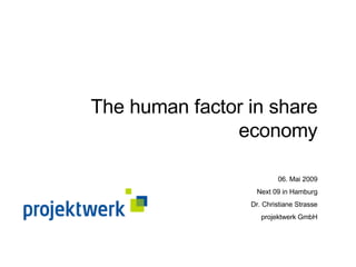 The human factor in share economy 06. Mai 2009 Next 09 in Hamburg Dr. Christiane Strasse projektwerk GmbH 