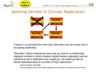 New in
        6.0/5.4                       2009­05­07 | Lars Thalmann | New Replication Features | www.mysql.com
                                                                                                              11


Ignoring Servers in Circular Replication

                       MySQL                      MySQL
                      Server A                   Server B


                       MySQL                      MySQL
                      Server D                   Server C


 If server A is removed from the circle, then there can be events from A
 circulating indefinitely.

 “Recently I had an interesting issue crop up. Due to an unfortunate
 migration incident in which involved master/master replication and not
 checking to see if replication was caught up, we ended up with an
 infinite replication loop of a number of SQL statements.”
     ­­ Sheeri Cabral, Oct 2008,
       http://www.pythian.com/news/1299/mysqlbinlog­server­id­before­mysql­51­awk­to­the­rescue
 