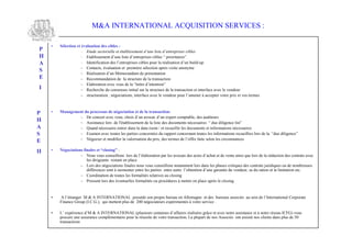 M&A INTERNATIONAL ACQUISITION SERVICES :

     •   Sélection et évaluation des cibles :
 P                   – Etude sectorielle et établissement d’ liste d’
                                                              une        entreprises cibles
 H                   – Etablissement d’ liste d’
                                         une        entreprises cibles “ prioritaires”
 A                   – Identification des l’entreprises cibles pour la réalisation d’ build-up
                                                                                     un
                     – Contacts, évaluation et première sélection après visite anonyme
 S
                     – Réalisation d’ Mémorandum de présentation
                                      un
 E                   – Recommandation de la structure de la transaction
                     – Elaboration avec vous de la “  lettre d’intention”
 I                   – Recherche du consensus initial sur la structure de la transaction et interface avec le vendeur
                     – structuration , négociations, interface avec le vendeur pour l’  amener à accepter votre prix et vos termes



P    •   Management du processus de négociation et de la transaction:
                 – De concert avec vous, choix d’ avocat, d’ expert comptable, des auditeurs
                                                  un             un
H                – Assistance lors de l'établissement de la liste des documents nécessaires “ diligence list”
                                                                                                 due
A                – Quand nécessaire entrer dans la data room / et recueillir les documents et informations nécessaires
S                – Examen avec toutes les parties concernées du rapport concernant toutes les informations recueillies lors de la “ diligence”
                                                                                                                                  due
                 – Négocier et modifier la valorisation du prix, des termes de l’offre faite selon les circonstances
E
II   •   Négociations finales et “closing”  :
                    – Nous vous conseillons lors de l’   élaboration par les avocats des actes d’
                                                                                                achat et de vente ainsi que lors de la rédaction des contrats avec
                        les dirigeants restant en place
                    – Lors des négociations finales nous vous conseillons notamment lors dans les phases critiques des contrats juridiques ou de nombreuses
                        différences sont à surmonter entre les parties entre autre l’
                                                                                    obtention d’ garantie du vendeur, sa du ration et la limitation etc.
                                                                                                une
                    – Coordination de toutes les formalités relatives au closing
                    – Pressent lors des éventuelles formalités ou procédures à mettre en place après le closing


     •   A l’étranger .M & A INTERNATIONAL possède son propre bureau en Allemagne et des bureaux associés au sein de l’
                                                                                                                      International Corporate
         Finance Group (I.C.G.), qui mettent plus de 200 négociateurs expérimentés à votre service .

     •   L’ expérience d’ & A INTERNATIONAL (plusieurs centaines d’
                         M                                                  affaires réalisées grâce et avec notre assistance et à notre réseau ICFG) vous
         procure une assurance complémentaire pour la réussite de votre transaction. La plupart de nos Associés ont assisté nos clients dans plus de 50
         transactions
 