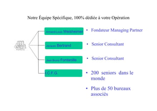 Notre Équipe Spécifique, 100% dédiée à votre Opération


           Hugo Haddon-Grant
         Armand-Louis Weisheimer   • Fondateur Managing Partner


         Jacques   Bertrand        • Senior Consultant


         Jean Bruno   Fontanille   • Senior Consultant


         I.C.F.G.                  •200 seniors dans le
                                    monde
                                   •Plus de 50 bureaux
                                    associés
 