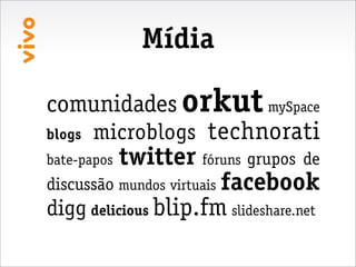 Mídia

comunidades orkut mySpace
blogs microblogs technorati
bate-papos twitter fóruns grupos de
discussão mundos virtuais facebook
digg delicious blip.fm slideshare.net
 