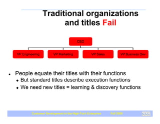 Traditional organizations
                           and titles Fail
    Typical Startup
                                            CEO


    VP Engineering          VP Marketing              VP Sales          VP Business Dev




!   People equate their titles with their functions
    "   But standard titles describe execution functions
    "   We need new titles = learning & discovery functions



             Customer Development in the High-Tech Enterprise    Fall 2009
 