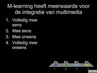 M-learning heeft meerwaarde voor de integratie van multimedia Volledig mee eens Mee eens Mee oneens Volledig mee oneens 