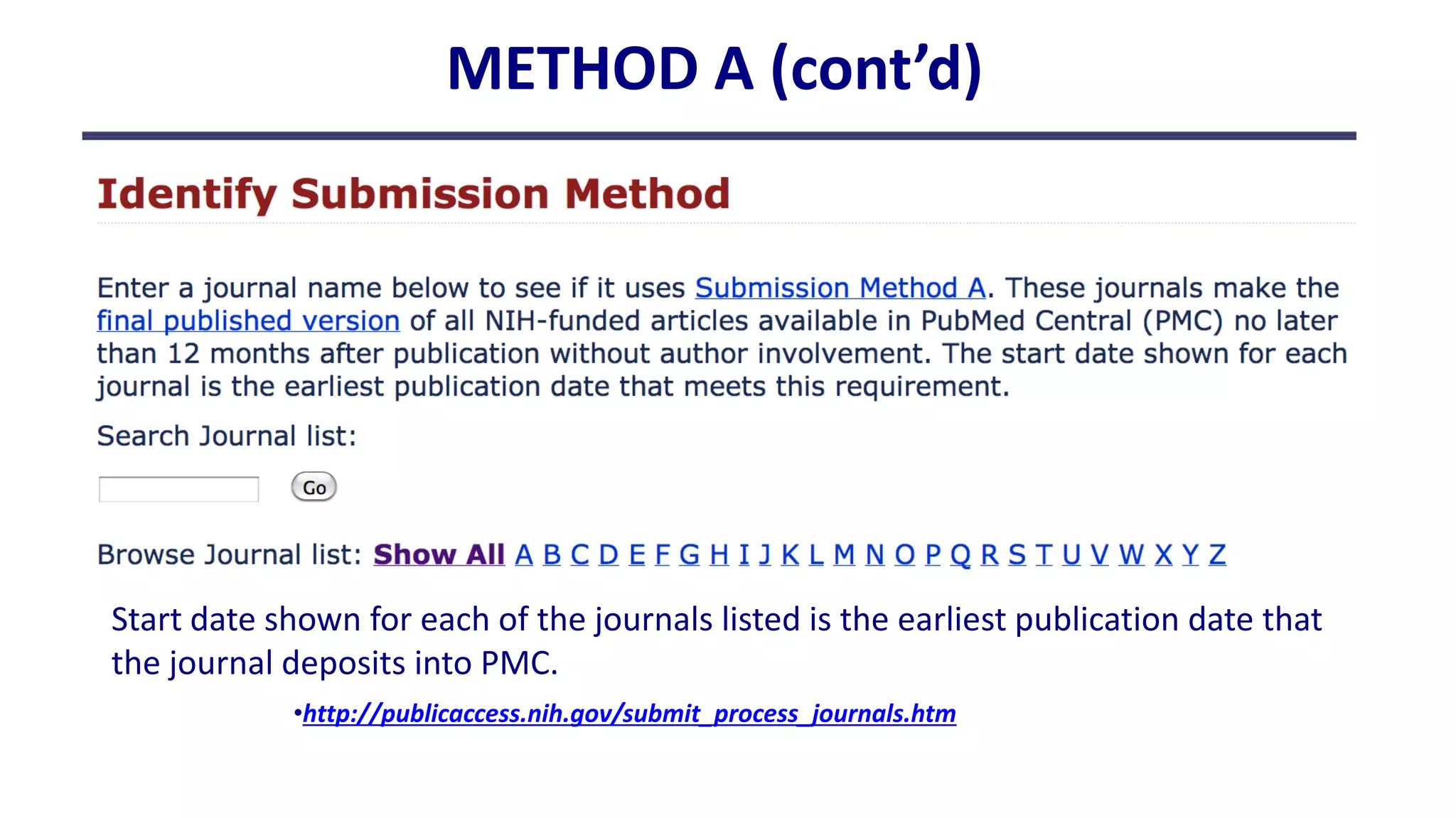 METHOD A (cont’d)




Start date shown for each of the journals listed is the earliest publication date that
the journal deposits into PMC.
            •http://publicaccess.nih.gov/submit_process_journals.htm
 