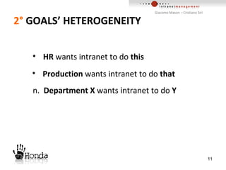 2°   GOALS’ HETEROGENEITY Giacomo Mason – Cristiano Siri HR  wants intranet to do  this Production  wants intranet to do  that n.  Department X  wants intranet to do  Y 