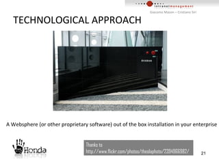 TECHNOLOGICAL APPROACH Thanks to http://www.flickr.com/photos/theolaphoto/2394966982/ A Websphere (or other proprietary software) out of the box installation in your enterprise 