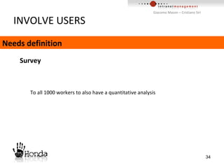 INVOLVE USERS Needs definition Survey To all 1000 workers to also have a quantitative analysis 