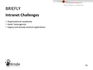 BRIEFLY Intranet Challenges Organizational complexity Goals’ heterogenity Legacy and already existent applications 