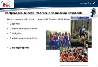 fundamentele verandering naar blijvend verkoopsucces
Klanten bepalen mijn winst…… voorbeeld Sponsorbeleid Rabobank
• 3 sporten
• 3 exposure-mogelijkheden
• 3 budgetten
• 3 wijzen van communiceren
• 3 klantgroepen!!!
23
Doelgroepen selectie: voorbeeld sponsoring Rabobank
 