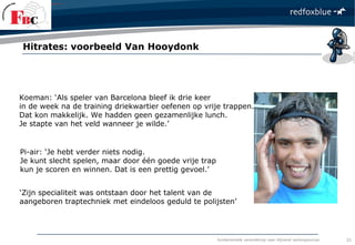 fundamentele verandering naar blijvend verkoopsucces
Hitrates: voorbeeld Van Hooydonk
31
Koeman: ‘Als speler van Barcelona bleef ik drie keer
in de week na de training driekwartier oefenen op vrije trappen.
Dat kon makkelijk. We hadden geen gezamenlijke lunch.
Je stapte van het veld wanneer je wilde.’
Pi-air: ‘Je hebt verder niets nodig.
Je kunt slecht spelen, maar door één goede vrije trap
kun je scoren en winnen. Dat is een prettig gevoel.’
‘Zijn specialiteit was ontstaan door het talent van de
aangeboren traptechniek met eindeloos geduld te polijsten’
 
