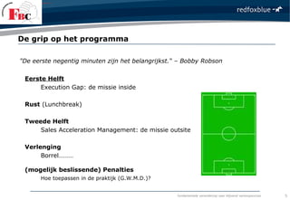 fundamentele verandering naar blijvend verkoopsucces
"De eerste negentig minuten zijn het belangrijkst.“ – Bobby Robson
Eerste Helft
Execution Gap: de missie inside
Rust (Lunchbreak)
Tweede Helft
Sales Acceleration Management: de missie outsite
Verlenging
Borrel………
(mogelijk beslissende) Penalties
Hoe toepassen in de praktijk (G.W.M.D.)?
De grip op het programma
5
 