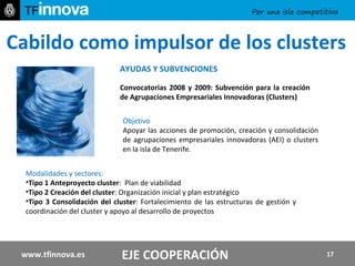 Cabildo como impulsor de los clusters AYUDAS Y SUBVENCIONES  Convocatorias 2008 y 2009: Subvención para la creación de Agrupaciones Empresariales Innovadoras (Clusters)  Objetivo Apoyar las acciones de promoción, creación y consolidación de agrupaciones empresariales innovadoras (AEI) o clusters en la isla de Tenerife.  Modalidades y sectores:  Tipo 1 Anteproyecto cluster :  Plan de viabilidad Tipo 2 Creación del cluster : Organización inicial y plan estratégico  Tipo 3 Consolidación del cluster : Fortalecimiento de las estructuras de gestión y coordinación del cluster y apoyo al desarrollo de proyectos EJE COOPERACIÓN www.tfinnova.es 