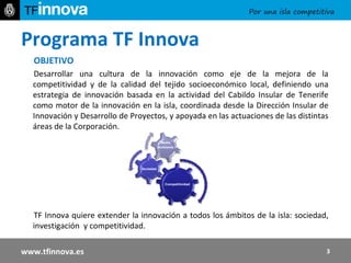 Programa TF Innova  OBJETIVO   Desarrollar una cultura de la innovación como eje de la mejora de la competitividad y de la calidad del tejido socioeconómico local, definiendo una estrategia de innovación basada en la actividad del Cabildo Insular de Tenerife como motor de la innovación en la isla, coordinada desde la Dirección Insular de Innovación y Desarrollo de Proyectos, y apoyada en las actuaciones de las distintas áreas de la Corporación.  TF Innova quiere extender la innovación a todos los ámbitos de la isla: sociedad, investigación  y competitividad.  www.tfinnova.es 