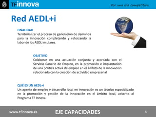 Red AEDL+i EJE CAPACIDADES FINALIDAD  Territorializar el proceso de generación de demanda para la innovación completando y reforzando la labor de los AEDL insulares.  QUÉ ES UN AEDL+i  Un agente de empleo y desarrollo local en innovación es un técnico especializado en la promoción y gestión de la innovación en el ámbito local, adscrito al Programa TF Innova.  OBJETIVO  Colaborar en una actuación conjunta y acordada con el Servicio Canario de Empleo, en la promoción e implantación de una política activa de empleo en el ámbito de la innovación relacionada con la creación de actividad empresarial  www.tfinnova.es 