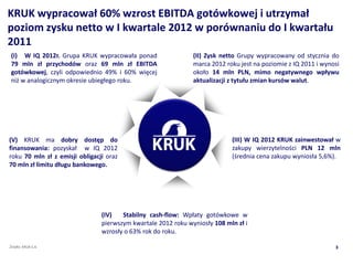 KRUK wypracowa? 60% wzrost EBITDA gotwkowej i utrzyma?
poziom zysku netto w I kwartale 2012 w porwnaniu do I kwarta?u
2011
(I) W IQ 2012r. Grupa KRUK wypracowa?a ponad                   (II) Zysk netto Grupy wypracowany od stycznia do
79 mln z? przychodw oraz 69 mln z? EBITDA                     marca 2012 roku jest na poziomie z IQ 2011 i wynosi
gotwkowej, czyli odpowiednio 49% i 60% wi?cej                 oko?o 14 mln PLN, mimo negatywnego wp?ywu
ni? w analogicznym okresie ubieg?ego roku.                     aktualizacji z tytu?u zmian kursw walut.




(V) KRUK ma dobry dost?p do                                                 (III) W IQ 2012 KRUK zainwestowa? w
finansowania: pozyska? w IQ 2012                                            zakupy wierzytelno?ci PLN 12 mln
roku 70 mln z? z emisji obligacji oraz                                      (?rednia cena zakupu wynios?a 5,6%).
70 mln z? limitu d?ugu bankowego.




                                (IV)   Stabilny cash-flow: Wp?aty gotwkowe w
                                pierwszym kwartale 2012 roku wynios?y 108 mln z? i
                                wzros?y o 63% rok do roku.

?rd?o: KRUK S.A.                                                                                               3
 