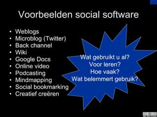 Voorbeelden social software <ul><li>Weblogs </li></ul><ul><li>Microblog (Twitter) </li></ul><ul><li>Back channel </li></ul...