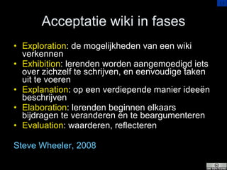 Acceptatie wiki in fases <ul><li>Exploration : de mogelijkheden van een wiki verkennen </li></ul><ul><li>Exhibition : lere...