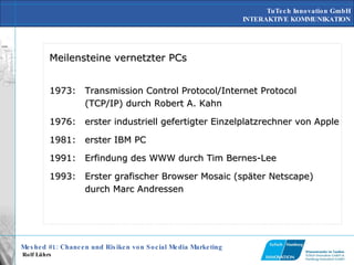 Meilensteine vernetzter PCs 1973: Transmission Control Protocol/Internet Protocol (TCP/IP) durch Robert A. Kahn 1976: erster industriell gefertigter Einzelplatzrechner von Apple  1981: erster IBM PC 1991: Erfindung des WWW durch Tim Bernes-Lee 1993: Erster grafischer Browser Mosaic (später Netscape) durch Marc Andressen 