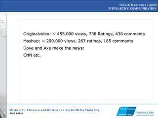 Originalvideo: ~ 455.000 views, 738 Ratings, 430 comments Mashup: ~ 200.000 views, 267 ratings, 185 comments Dove and Axe make the news: CNN etc. 