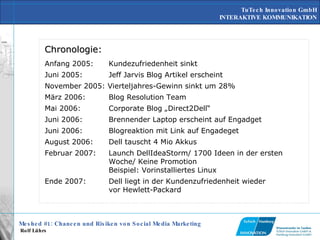 Chronologie: Anfang 2005: Kundezufriedenheit sinkt Juni 2005: Jeff Jarvis Blog Artikel erscheint November 2005: Vierteljahres-Gewinn sinkt um 28% März 2006: Blog Resolution Team Mai 2006: Corporate Blog „Direct2Dell“ Juni 2006: Brennender Laptop erscheint auf Engadget Juni 2006: Blogreaktion mit Link auf Engadeget August 2006: Dell tauscht 4 Mio Akkus Februar 2007: Launch DellIdeaStorm/ 1700 Ideen in der ersten  Woche/ Keine Promotion Beispiel: Vorinstalliertes Linux Ende 2007: Dell liegt in der Kundenzufriedenheit wieder vor Hewlett-Packard 