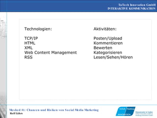 Technologien: TCP/IP HTML XML Web Content Management RSS Aktivitäten: Posten/Upload Kommentieren Bewerten Kategorisieren Lesen/Sehen/Hören 
