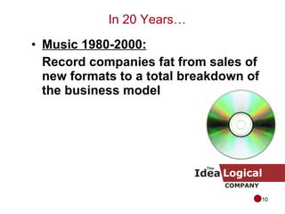 Music 1980-2000:   Record companies fat from sales of new formats to a total breakdown of the business model In 20 Years… 