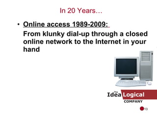 Online access 1989-2009:   From klunky dial-up through a closed online network to the Internet in your hand In 20 Years… 