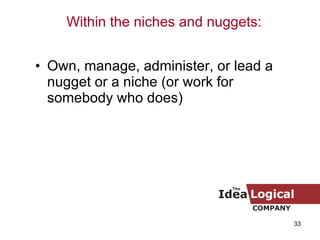 Own, manage, administer, or lead a nugget or a niche (or work for somebody who does) Within the niches and nuggets: 