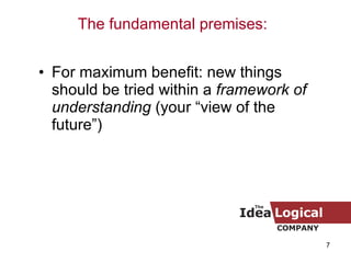 For maximum benefit: new things should be tried within a  framework of understanding  (your “view of the future”) The fundamental premises: 