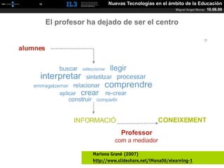 [   11   ]                   Nuevas Tecnologías en el ámbito de la Educación
                                                           Miguel Angel Muras   10.06.09


         El profesor ha dejado de ser el centro




                      Mariona Grané (2007)
                      http://www.slideshare.net/iMona06/elearning-1
 
