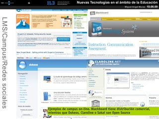 [   36   ]                      Nuevas Tecnologías en el ámbito de la Educación
                                                                                           Miguel Angel Muras   10.06.09
LMS/Campus/Redes sociales




                                         Ejemplos de campus on-line. Blackboard tiene distribución comercial,
                                         mientras que Dokeos, Claroline o Sakai son Open Source
 