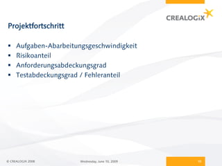 Projektfortschritt

    Aufgaben-Abarbeitungsgeschwindigkeit
    Risikoanteil
    Anforderungsabdeckungsgrad
    Testabdeckungsgrad / Fehleranteil




© CREALOGIX 2008        Wednesday, June 10, 2009   10
 