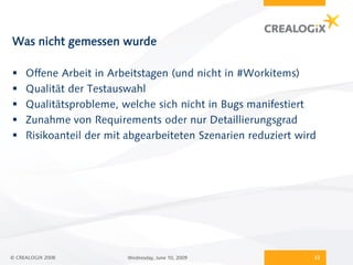 Was nicht gemessen wurde

    Offene Arbeit in Arbeitstagen (und nicht in #Workitems)
    Qualität der Testauswahl
    Qualitätsprobleme, welche sich nicht in Bugs manifestiert
    Zunahme von Requirements oder nur Detaillierungsgrad
    Risikoanteil der mit abgearbeiteten Szenarien reduziert wird




© CREALOGIX 2008          Wednesday, June 10, 2009              32
 
