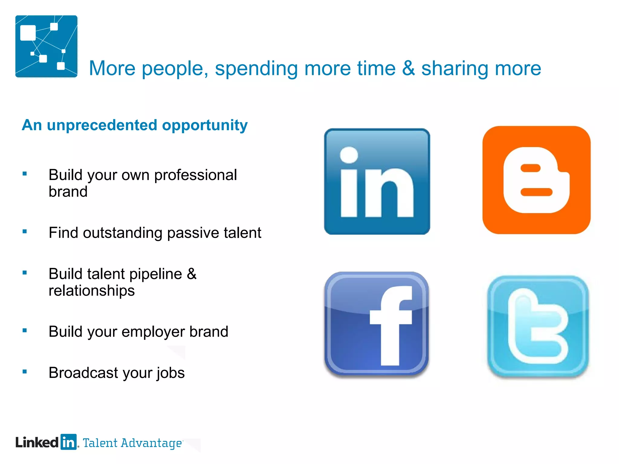 More people, spending more time & sharing more An unprecedented opportunity Build your own professional brand Find outstanding passive talent Build talent pipeline & relationships Build your employer brand Broadcast your jobs 